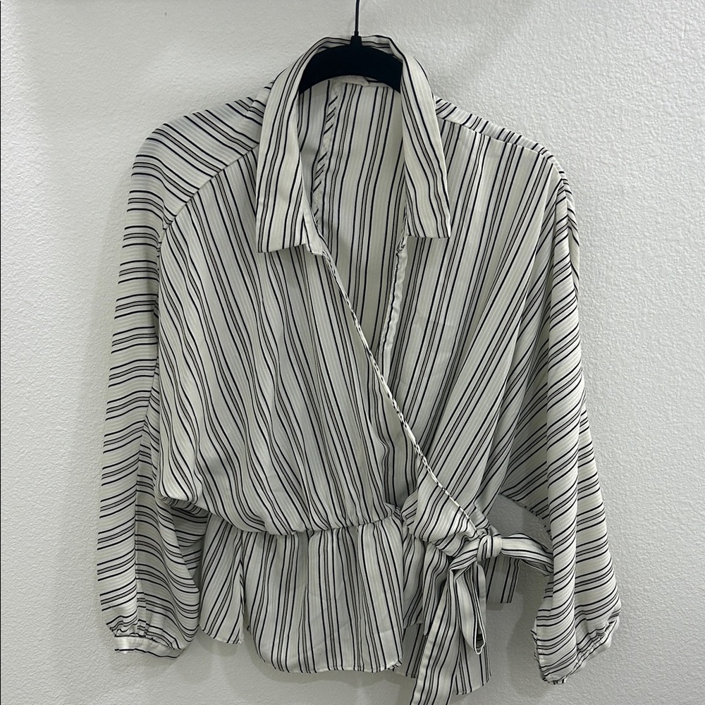 Striped Wrap Blouse - Black and White